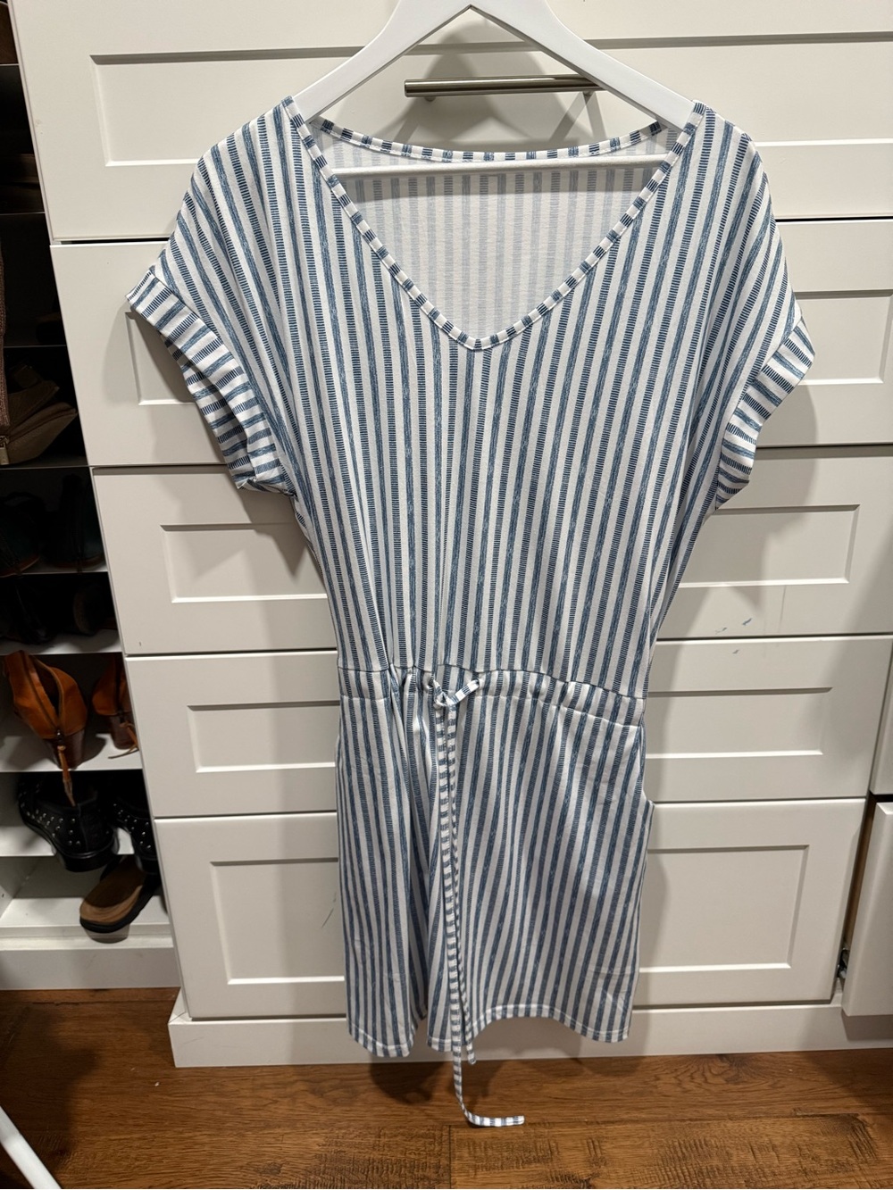 Striped V-Neck Tie-Waist Mini Dress in Blue and White